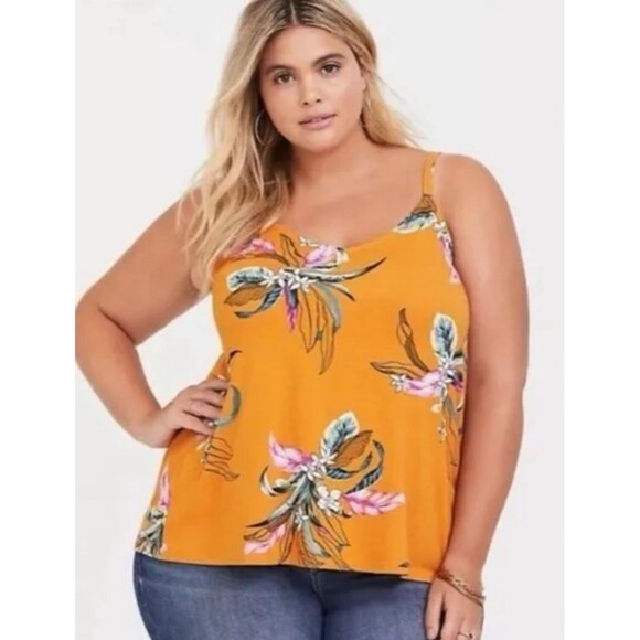 Torrid Super Soft Golden Orange Tropical Floral Swing Tank - Picture 1 of 4